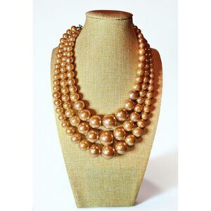 Vintage Style Gold Tone Faux Pearl Necklace Multi Strand Statement Bib 11in Drop